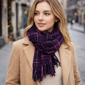 Relativity Plaid Scarf Berry Fringe Woven Soft Winter Wrap One Size Cozy Layer